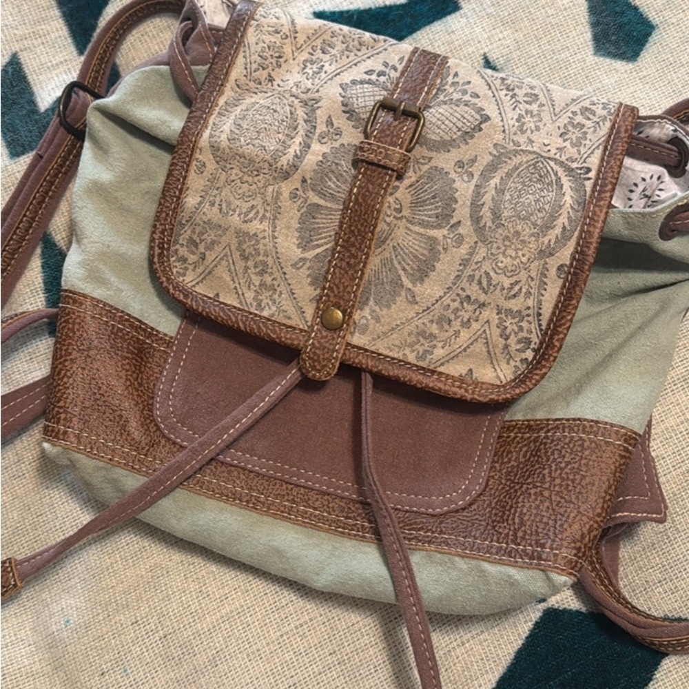 Myra Bag Brown and Cream Backpack with Vintage Paisley Design